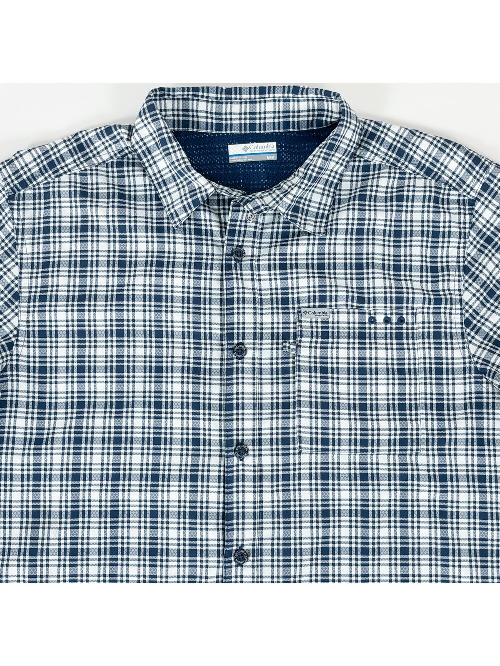 Columbia PFG Slack Tide Shirt Mens Medium Blue/White Plaid Short Sleeve Fishing